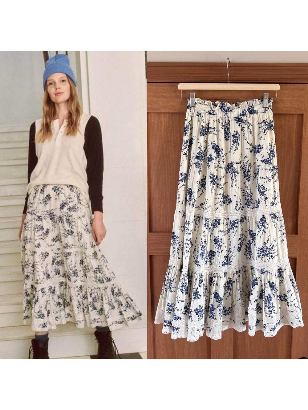 NWOT The GREAT. The Lace Inset Flounce Skirt In Blue Jasmine Floral Women’s 0 XS